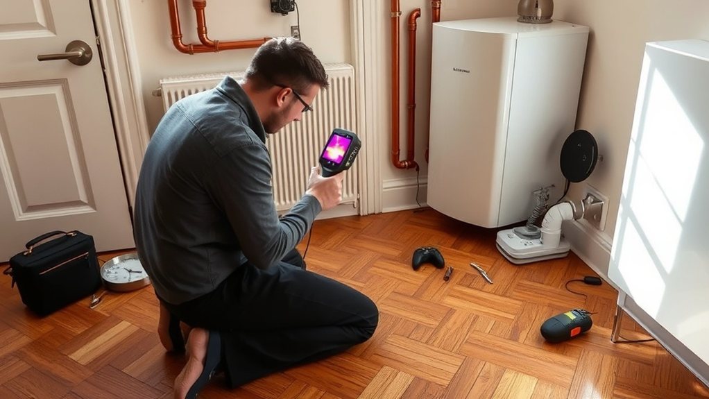 Engineer locating central heating leak using thermal imaging in Richmond